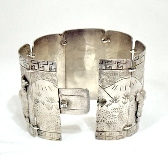 Vintage Peruvian Storyteller Panel Bracelet 900 Silver Signed - Picture 8 of 11